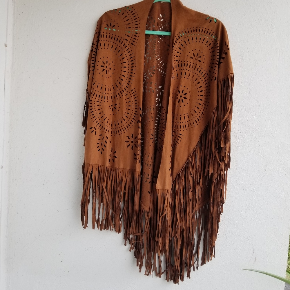 Boho faux suede fringe cut out fabric shawl